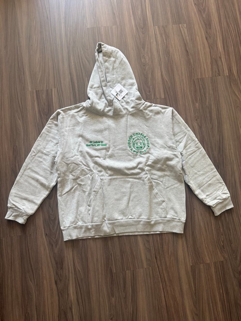 Hidden NY Coffee Shop Hoodie Heather Grey Green Embroidered Men’s Size L New